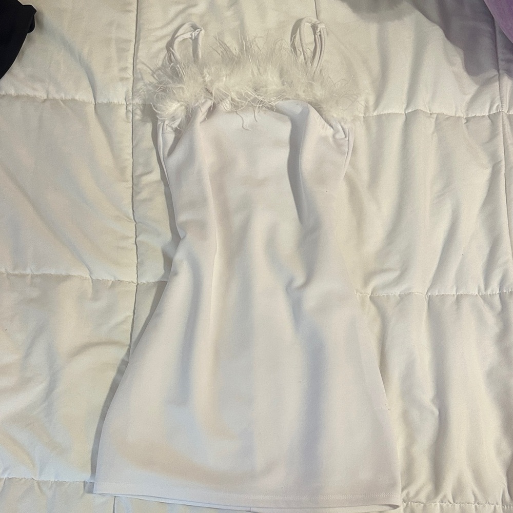 White Mini Dress with Feather Trim